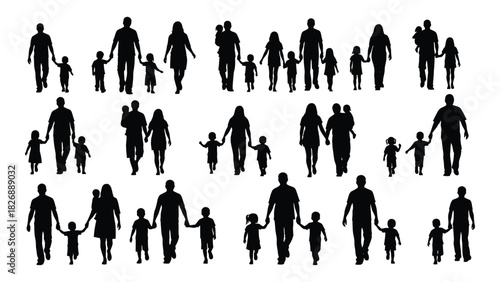 Family silhouettes walking together isolated on white background, Vector