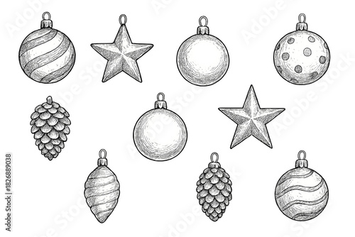 Festive Christmas ornaments collection featuring baubles, stars, and pine cones