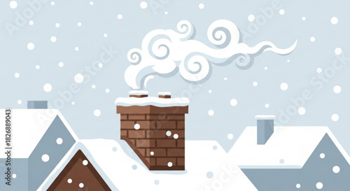 Cozy winter scene with a brown brick chimney on a snow-covered rooftop, emitting white smoke against a light blue sky with falling snowflakes