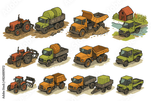 Isometric collection of farm and construction vehicles including tractors, dump trucks, and pickups