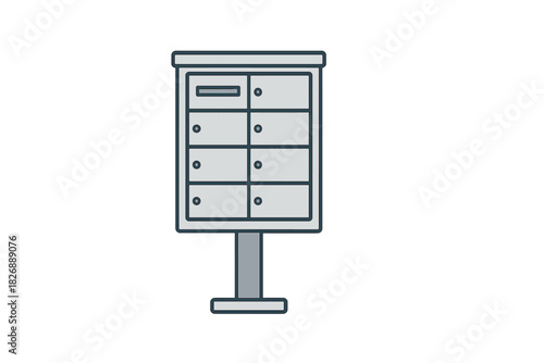 Gray communal mailbox unit with multiple locked compartments for mail and package delivery