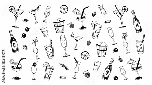 Hand drawn assortment of cocktails and drinks on white background