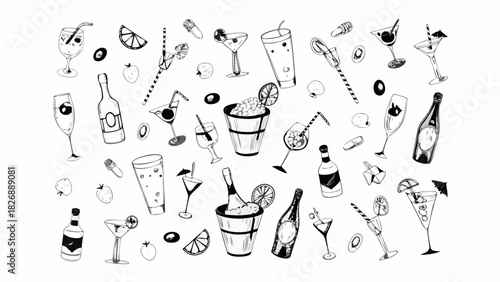 Hand drawn cocktail and beverage collection with fruit and ice