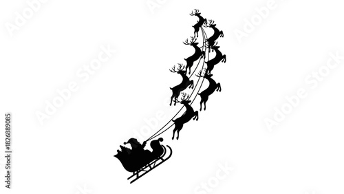 Silhouette of Santa Claus with reindeer pulling sleigh through the night sky, a classic Christmas depiction