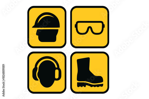Essential personal protective equipment signs: hard hat, safety glasses, ear defenders, protective footwear