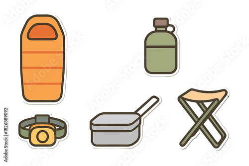 Collection of essential camping and hiking gear including sleeping bag, canteen, and headlamp