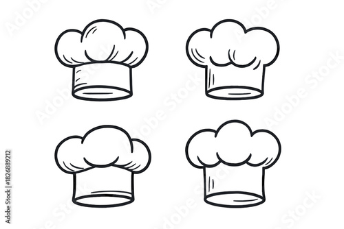Four hand-drawn doodle style chef hats or toques for cooking and restaurant