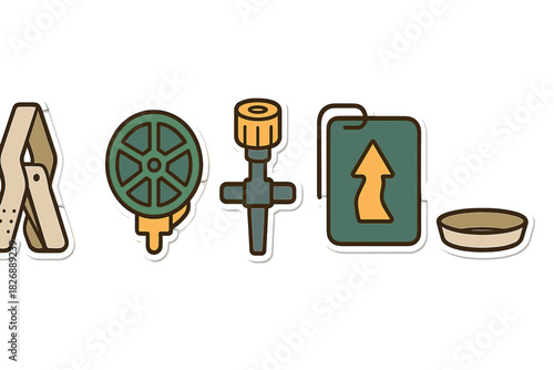 Essential garden and farm equipment symbols: irrigation valve, hose wheel, and supply container