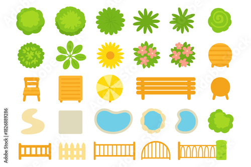 Assortment of outdoor furniture, plants, and water features for architectural floor plans