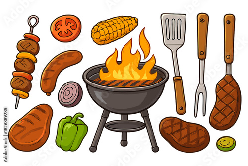 Collection of classic barbecue food items and grilling tools including steaks, sausage, corn, and a charcoal grill with fire