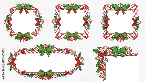Festive Christmas Frames and Borders Featuring Candy Canes, Holly, and Bows for Holiday Designs