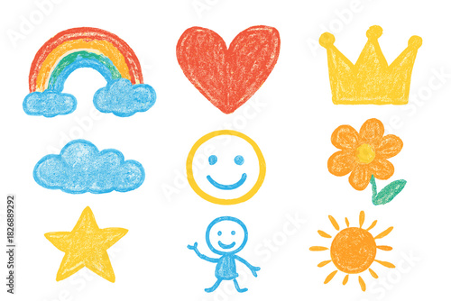 Colorful childlike crayon drawing icons set including rainbow, heart, crown, star, sun, and happy face
