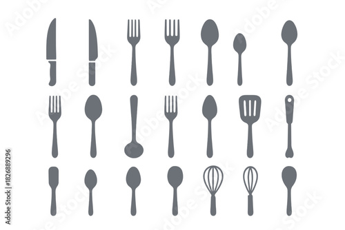 Seamless pattern of kitchen cutlery and cooking utensils including spoons forks knives whisks