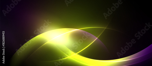 Abstract design features vibrant curves, luminous yellow center, purple accents. Dark background enhances glowing effect, creating dynamic visual.