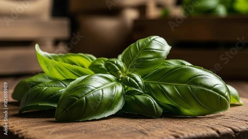 Close-up of Fresh Basil Leaves on Wooden Surface