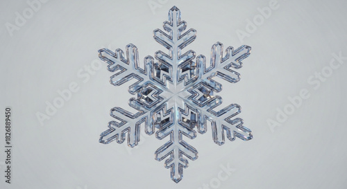 Intricate crystal snowflake shimmering with cool blue and silver tones, a symbol of winter's elegance and frosty beauty, isolated on a light background.