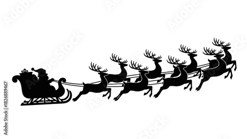 Silhouette of Santa Claus and his reindeer flying across the night sky with a sleigh full of gifts