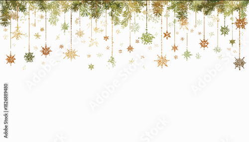 Wektorowa, wisząca dekoracja świąteczna z płatkami śniegu i gałązkami jodły w stonowanych kolorach na białym tle.