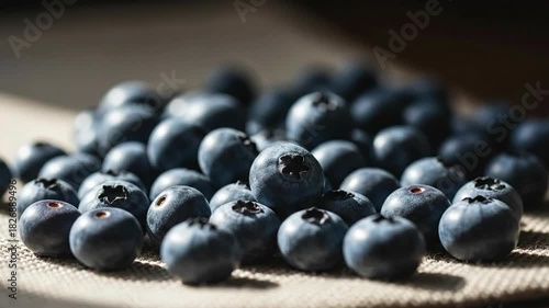 Close-up of Fresh Blueberries Spread on Burlap Surface