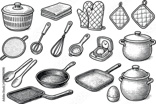 Hand-drawn vintage kitchen utensils and cookware illustration set