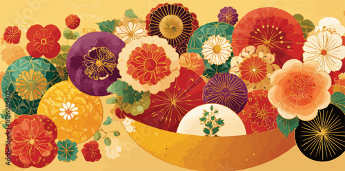 Wektorowa ilustracja w stylu japońskim z bogactwem kolorowych kwiatów i liści na żółtym tle.