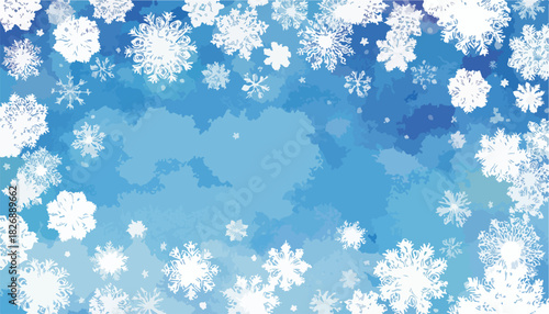 Wektorowa grafika przedstawiająca zimową scenę z płatkami śniegu na niebieskim tle.