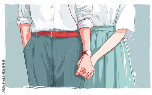 Ilustracja wektorowa pary trzymającej się za ręce, symbolizująca bliskość, miłość i romantyczną relację.