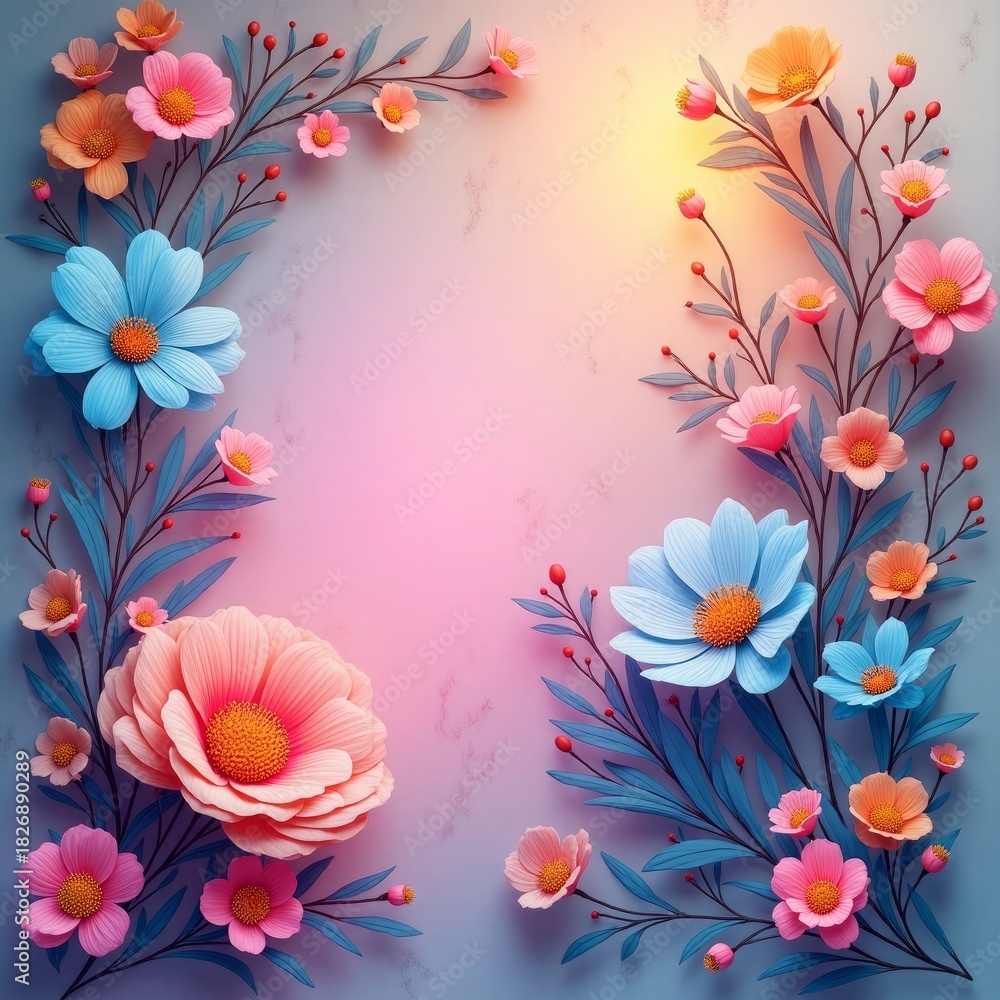 Fototapeta premium Floral border with pink blue orange flowers pink flowers