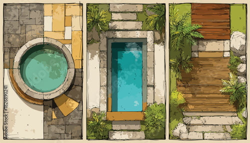 Widok z góry na tropikalny kompleks SPA z basenem, balią i drewnianymi schodami otoczonymi zielenią.