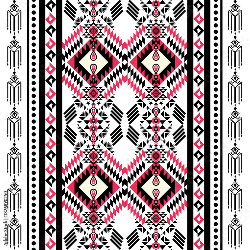 Seamless black geometric vector pattern for vintage textile wallpaper decoration or art illustration set.Geometric Ethnic pattern, Native American tribal fabric.vector blanket rug carpet fashion,cards