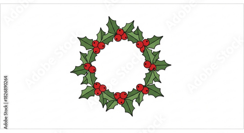 Festive christmas holly wreath illustration with green spiky leaves and bright red berries, traditional holiday season decoration graphic design element