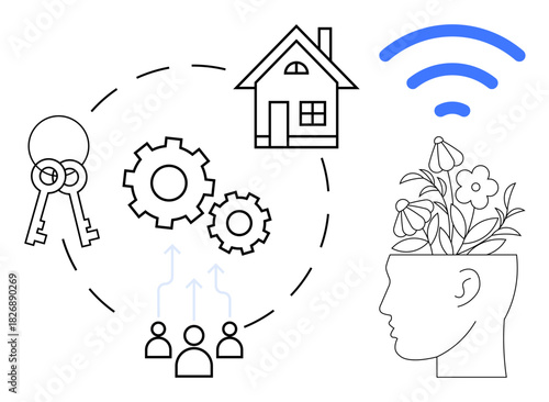 Keys, house, gears, people, wireless, and head with plants visualizing smart home, teamwork, connectivity growth sustainability innovation and creativity. Ideal for technology home automation