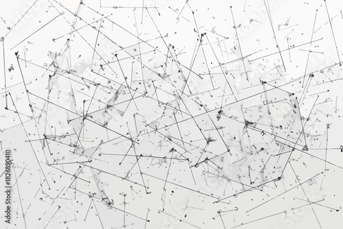 Abstrakcyjny, chaotyczny wzór złożony z cienkich linii i punktów tworzących siatkę połączeń na białym tle.