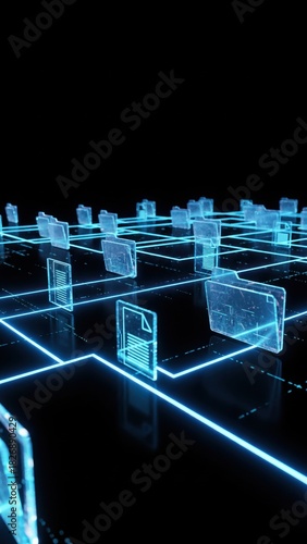 A glowing folder icons linked by neon lines in dark data space for data exchange with internet cloud technology