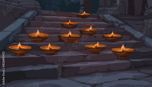 Wektorowa ilustracja dziesięciu płonących glinianych lampek oliwnych (diya) ustawionych na kamiennych schodach w nocy.