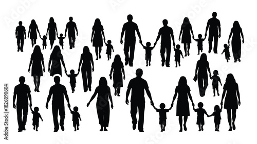 Family silhouettes walking together isolated on white background, Vector