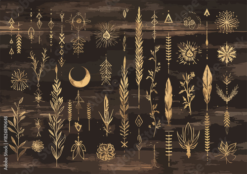Złote, mistyczne elementy botaniczne i geometryczne symbole w stylu etnicznym na ciemnym tle.