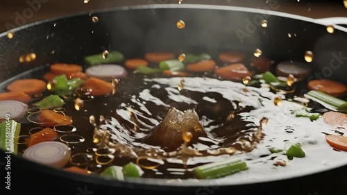 Action of boiling broth with vegetables in a frying pan