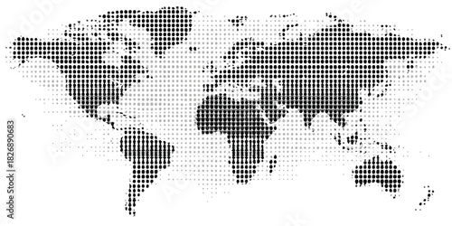 Czarno-biała mapa świata w stylu punktowym, wektorowa grafika tła symbolizująca globalizację i technologię.
