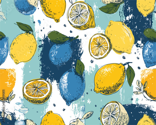 Wzorzysty, ręcznie rysowany wektorowy wzór z cytrynami i limonkami na tle akwarelowych plam.