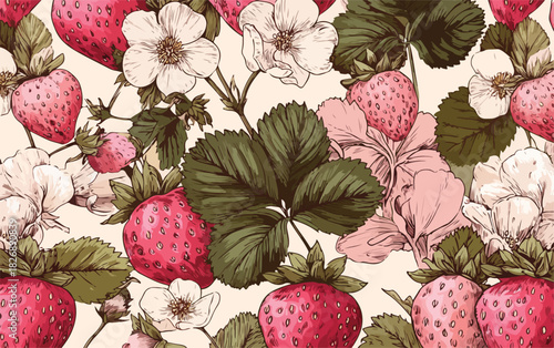 Wektorowy, stylizowany wzór z truskawkami, kwiatami i liśćmi w pastelowej, retro estetyce.