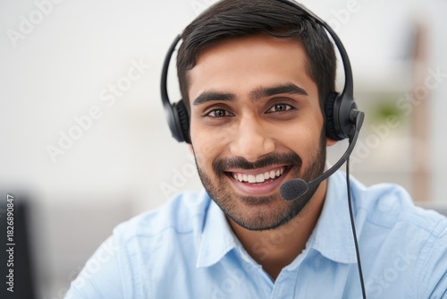 Smiling Customer Service Representative Wearing Headset