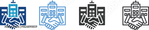 Real estate deal icons depict corporate handshake agreement for property investment and business partnership, symbolizing trust and successful acquisitions
