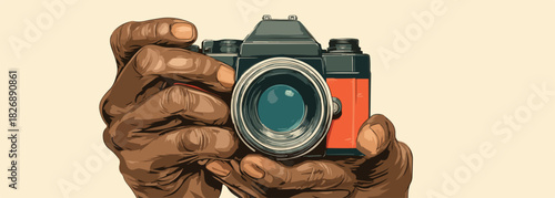 Wektorowa ilustracja ciemnoskórych dłoni trzymających klasyczny aparat fotograficzny z pomarańczową obudową, symbolizująca pasję do fotografii.