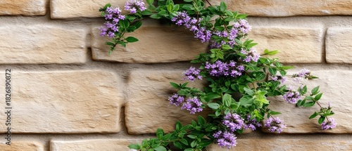Rustic stone wall adorned with vibrant purple flowers, creating a charming natural backdrop for design projects