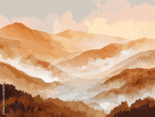Wektorowy krajobraz górski o wschodzie słońca, z mglistymi dolinami i warstwowymi szczytami w ciepłych, brązowo-pomarańczowych odcieniach.