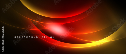 Abstract design features vibrant red, orange, yellow curves. Dark background emphasizes glowing light effects, creating dynamic visual impact.