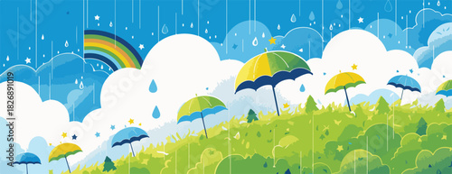 Wektorowa ilustracja deszczowego krajobrazu z kolorowymi parasolami, padającym deszczem i tęczą na tle błękitnego nieba i chmur, symbolizująca wiosnę.
