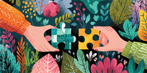 Wektorowa ilustracja przedstawiająca ręce łączące barwne elementy układanki na tle bujnej roślinności, symbolizująca współpracę, jedność i harmonię.