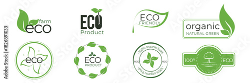 Set of green eco badges with leaves and organic labels, ideal for natural products, packaging, and sustainability designs.